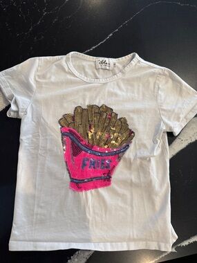Lola + The Boys White Tee with Gold & Hot Pink Sequin Fries Motif